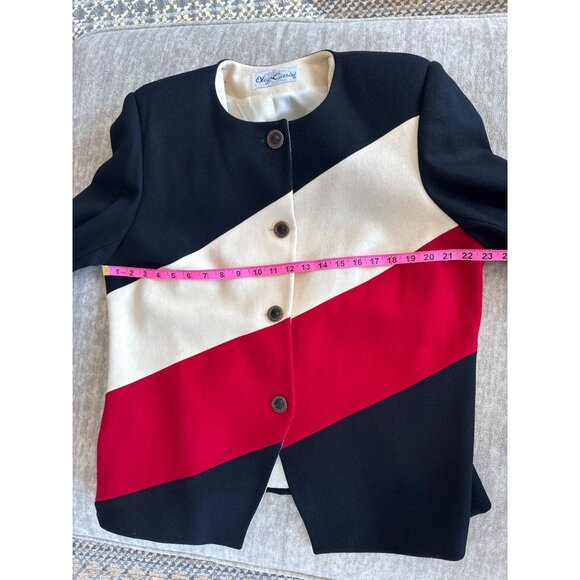 Vintage Oleg Cassini Women's Black White & Red Striped Wool Blend Blazer - Picture 5 of 8
